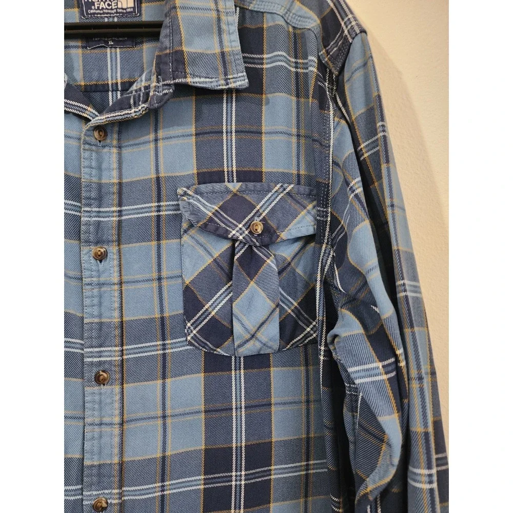 The North Face Flannel Shirt Mens XL‎ Blue Plaid Button Up Cotton Long
